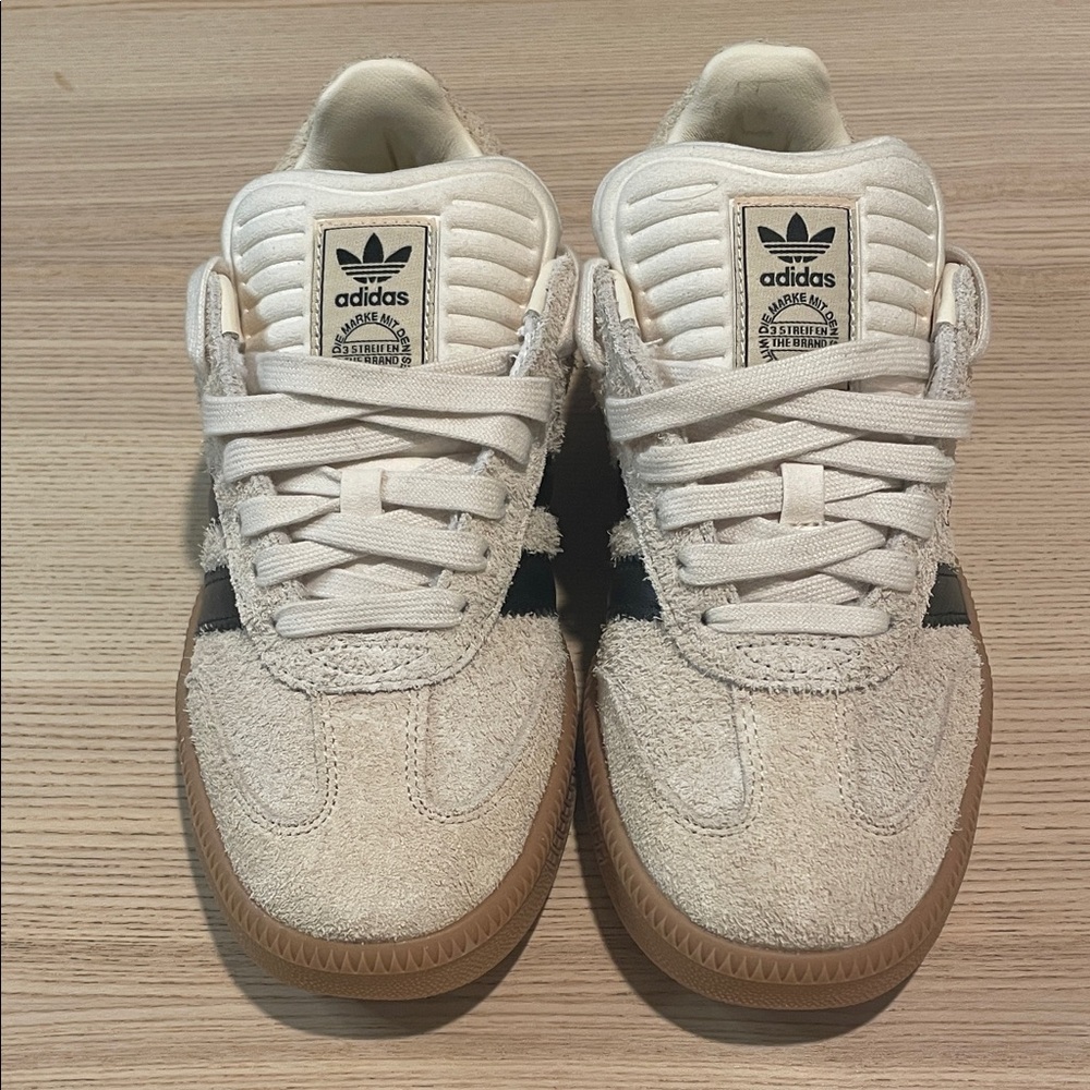adidas Cream Suede Sneakers with Black Stripes and Gum Sole